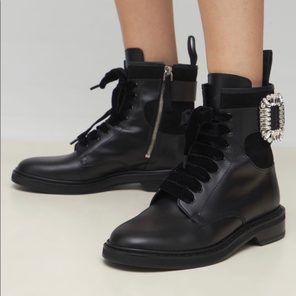 Roger Vivier Black Combat Boots with Crystal Buckle